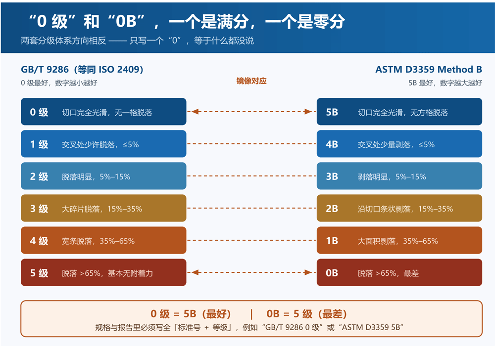 百格测试分级对照-GB/T9286 0级-ASTM D3359 5B-等级方向相反